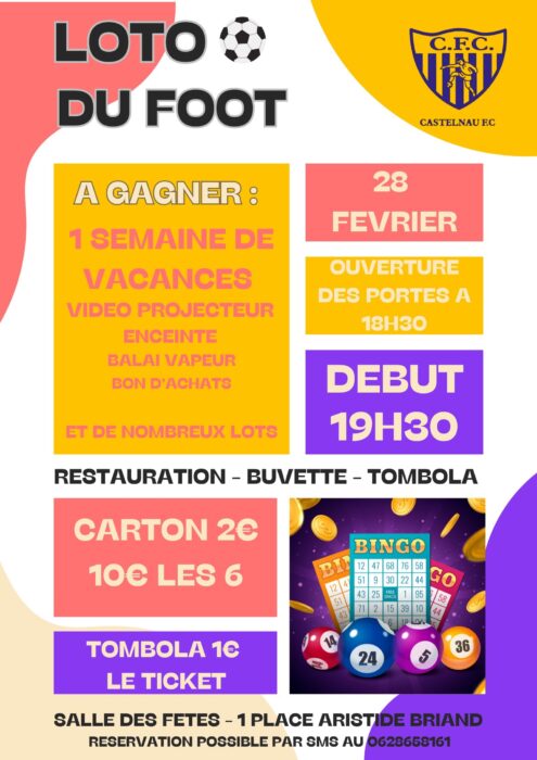 Loto du foot castelnau FC a gagner une semaine de vacances video projecteur enceinte balai vapeur bons d'achat et de nombreux lots 28 février ouverture des portes à 18h30 début à 19h30 restauration buvette tombola carton 2€ 10€ les 6 tombola 1€ le ticket salle des fêtes 1 place aristide briand réservation possible 0628658161